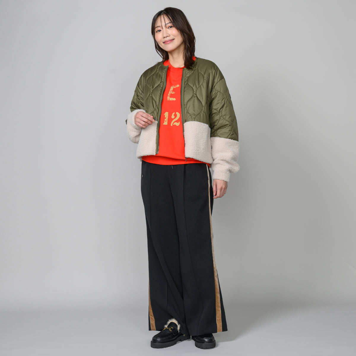 ノーカラーキルト切替ファーブルゾン