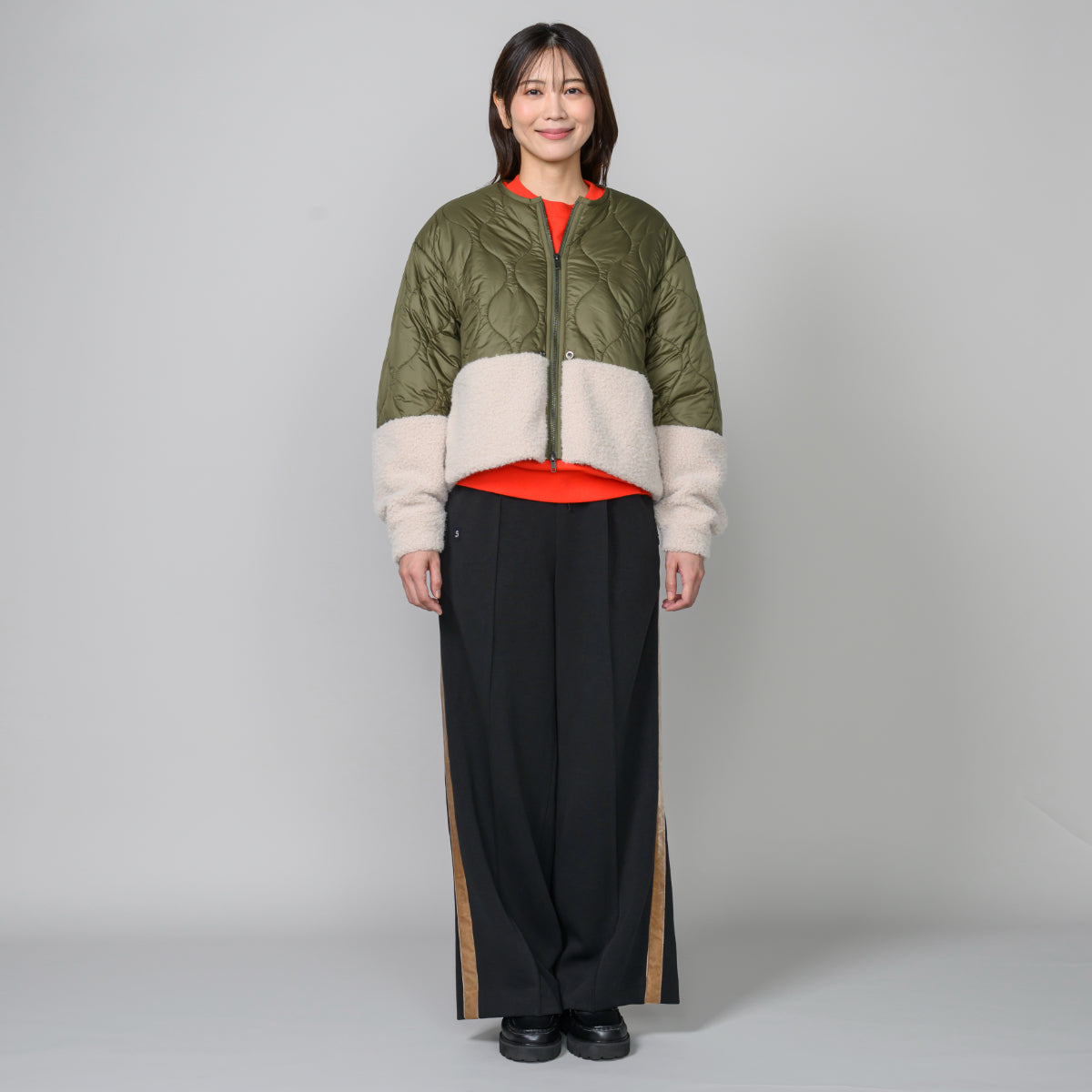 ノーカラーキルト切替ファーブルゾン