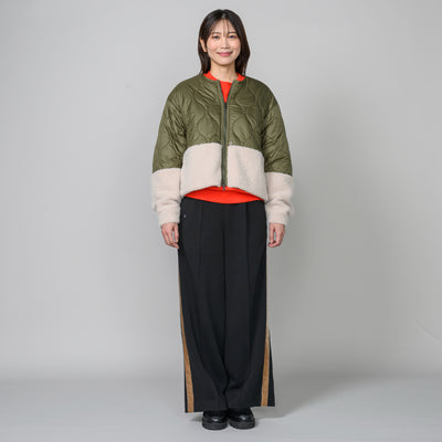 ノーカラーキルト切替ファーブルゾン
